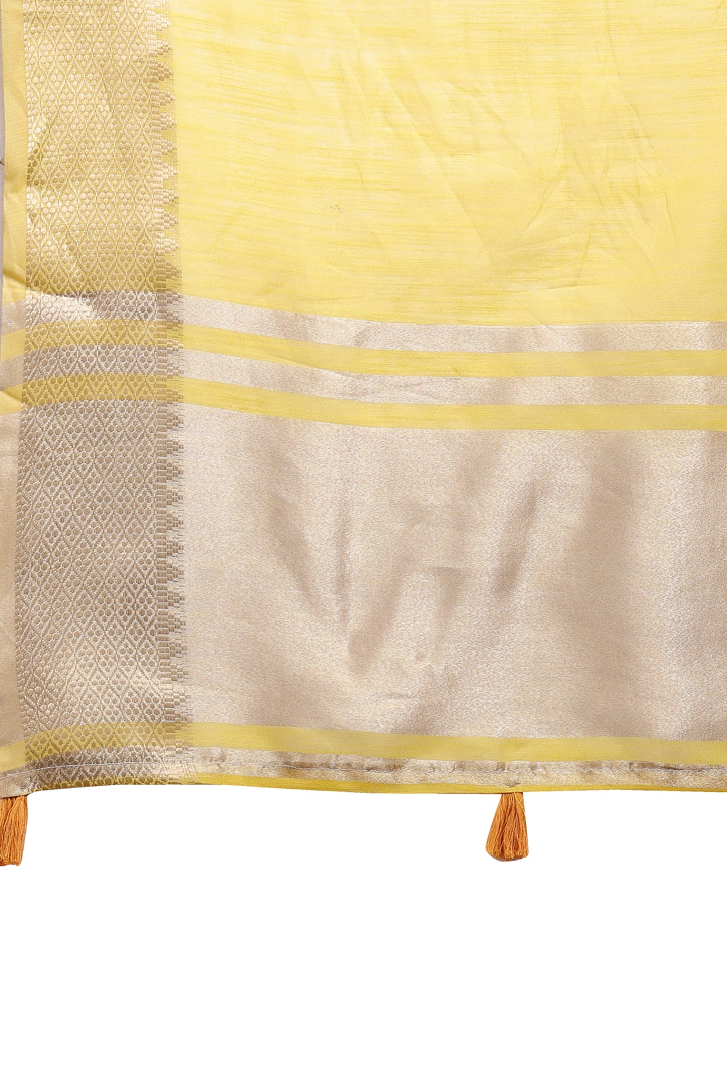 Yellow Cotton Silk Saree with Solid Zari Woven Edge and Tassels