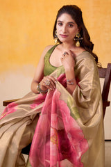 Sophisticated Golden Floral Digital Print Tissue Saree Enhanced With Handmade Tassels