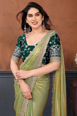 Mint Green Solid Satin Saree with Sequins Work Embroidery Elegant Partywear Drape