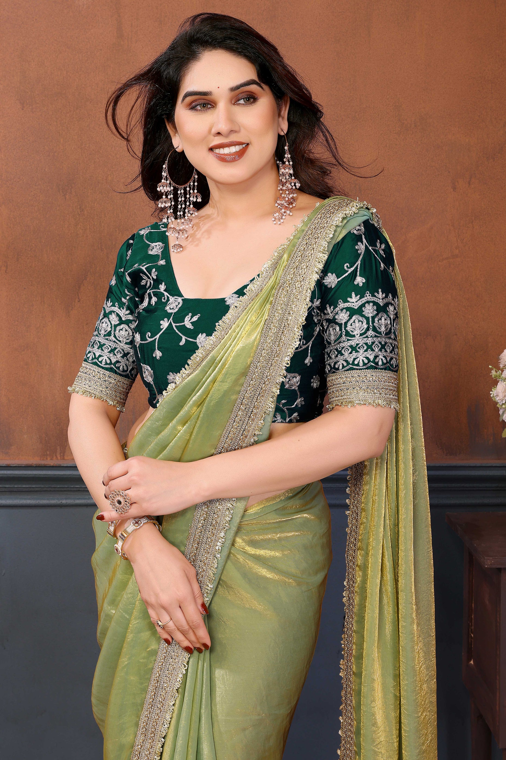Mint Green Solid Satin Saree with Sequins Work Embroidery Elegant Partywear Drape