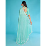Turquoise Solid With Zarkan & Ceramic Pearl Diamond Lace Tissue Saree