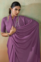 Orchid Purple Solid Matt Georgette Saree With Ceramic Embellished Lace Border