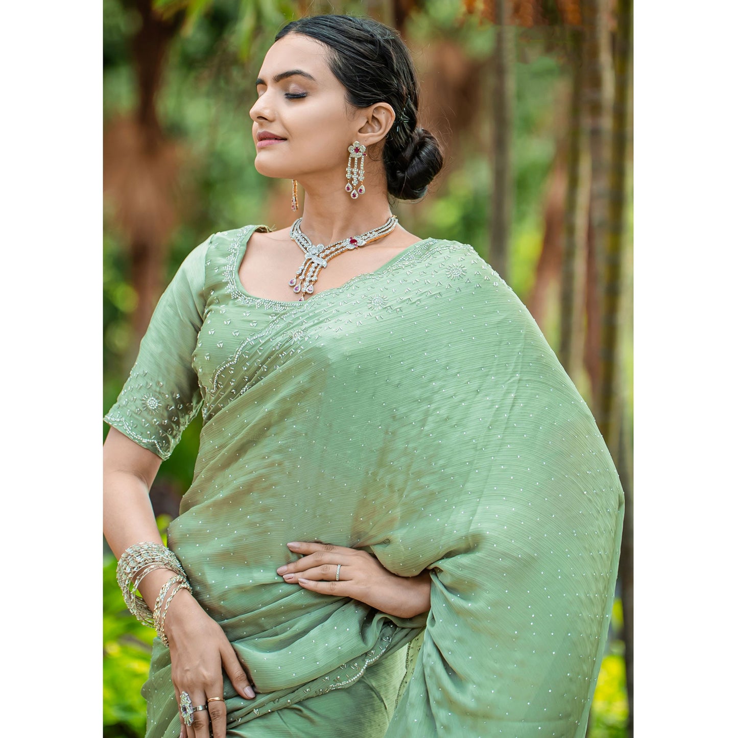 Green Embellished Satin Saree With Stones Work