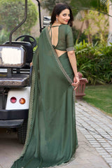 Green Solid Satin Chiffon Saree With Cutdana & Zarkan Handwork