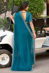 Rama Blue Solid Satin Chiffon Saree With Cutdana & Zarkan Handwork