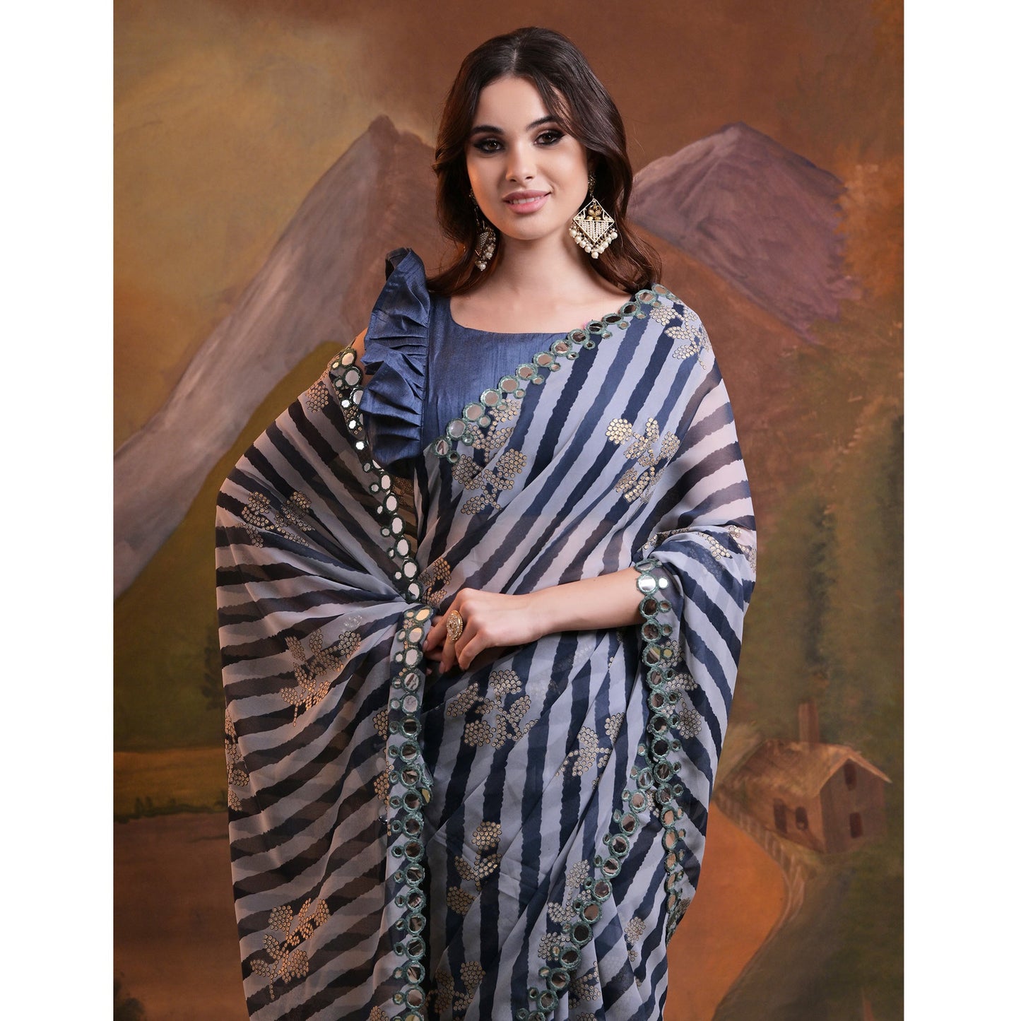 Blue Leheriya With Floral Foil Printed Georgette Saree