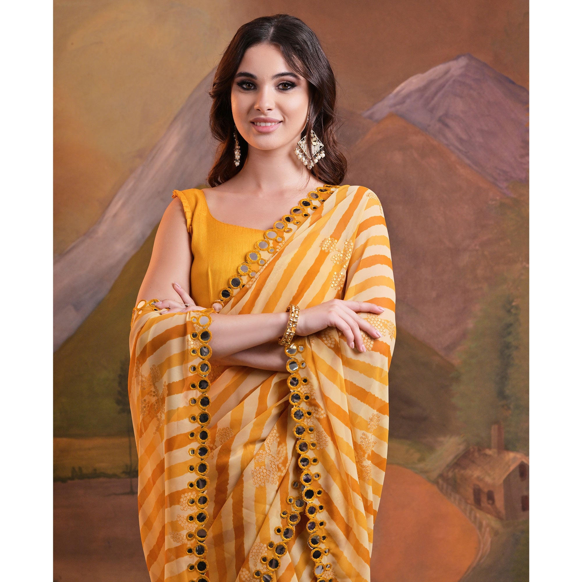 Yellow Leheriya With Floral Foil Printed Georgette Saree