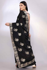 Black Saree Featuring Intricate Floral Embroidery With Sequins On Chinon Silk