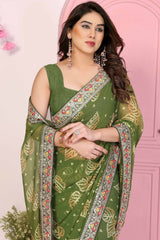 Green Georgette Saree with Traditional Bandhani Print and Lace Accents