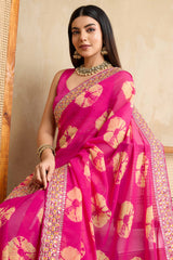 Pink Georgette Saree with Contemporary Tie-Dye Patterns and Classic Lace Work Finish