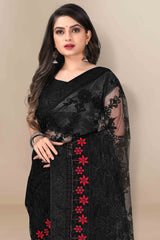 Black Party Wear Net Saree Featuring Rich Floral Embroidery