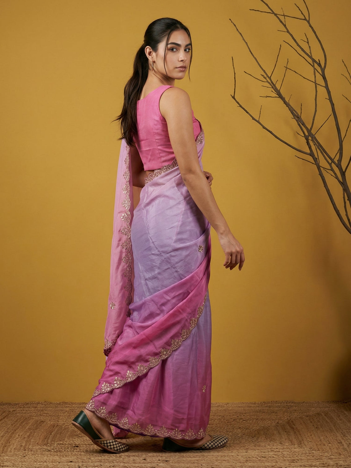 Double shade fendy satin designer saree with gotapatti work cutwork border