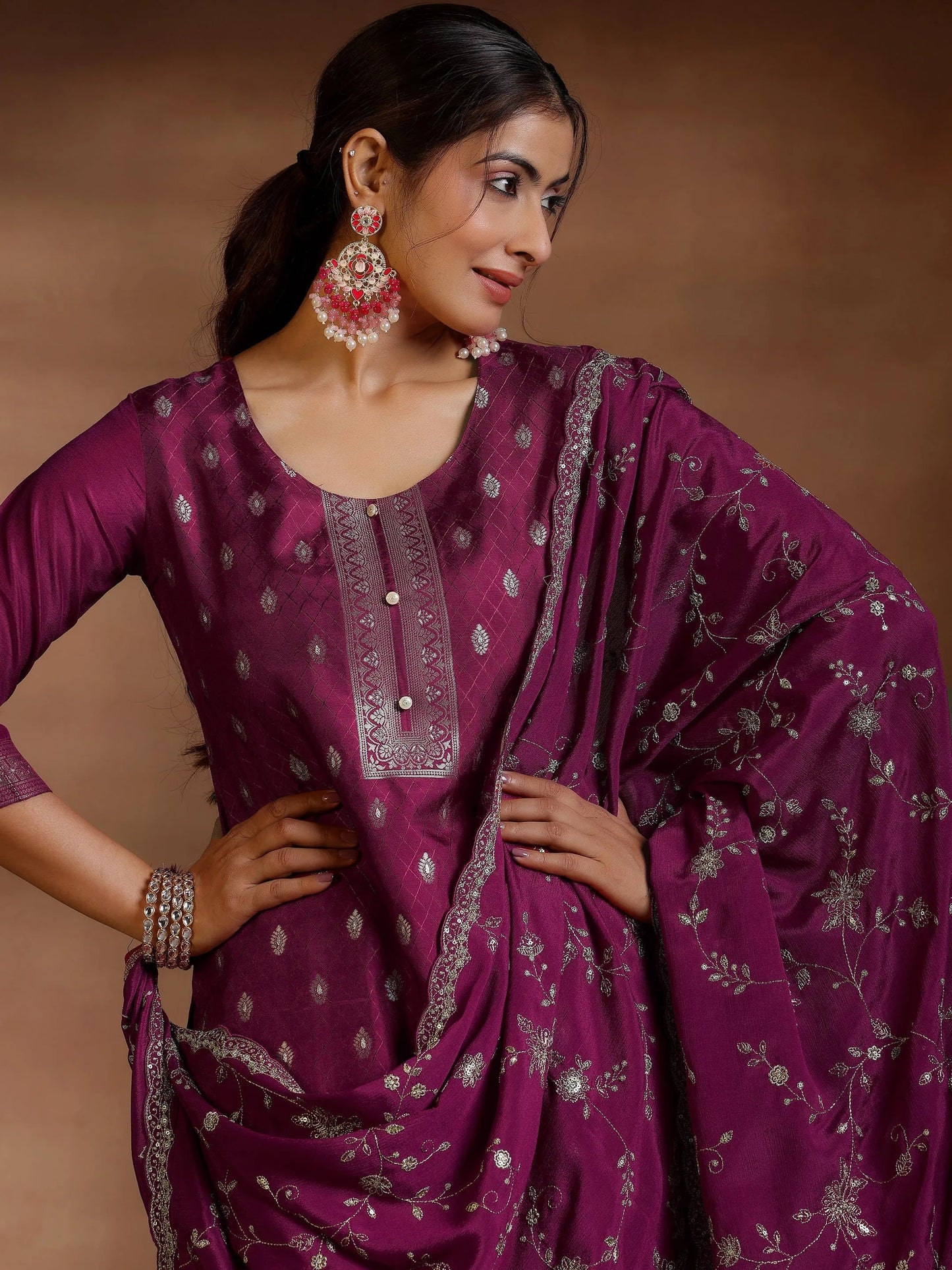 Libas Burgundy Woven Design Silk Blend Straight Suit With Dupatta