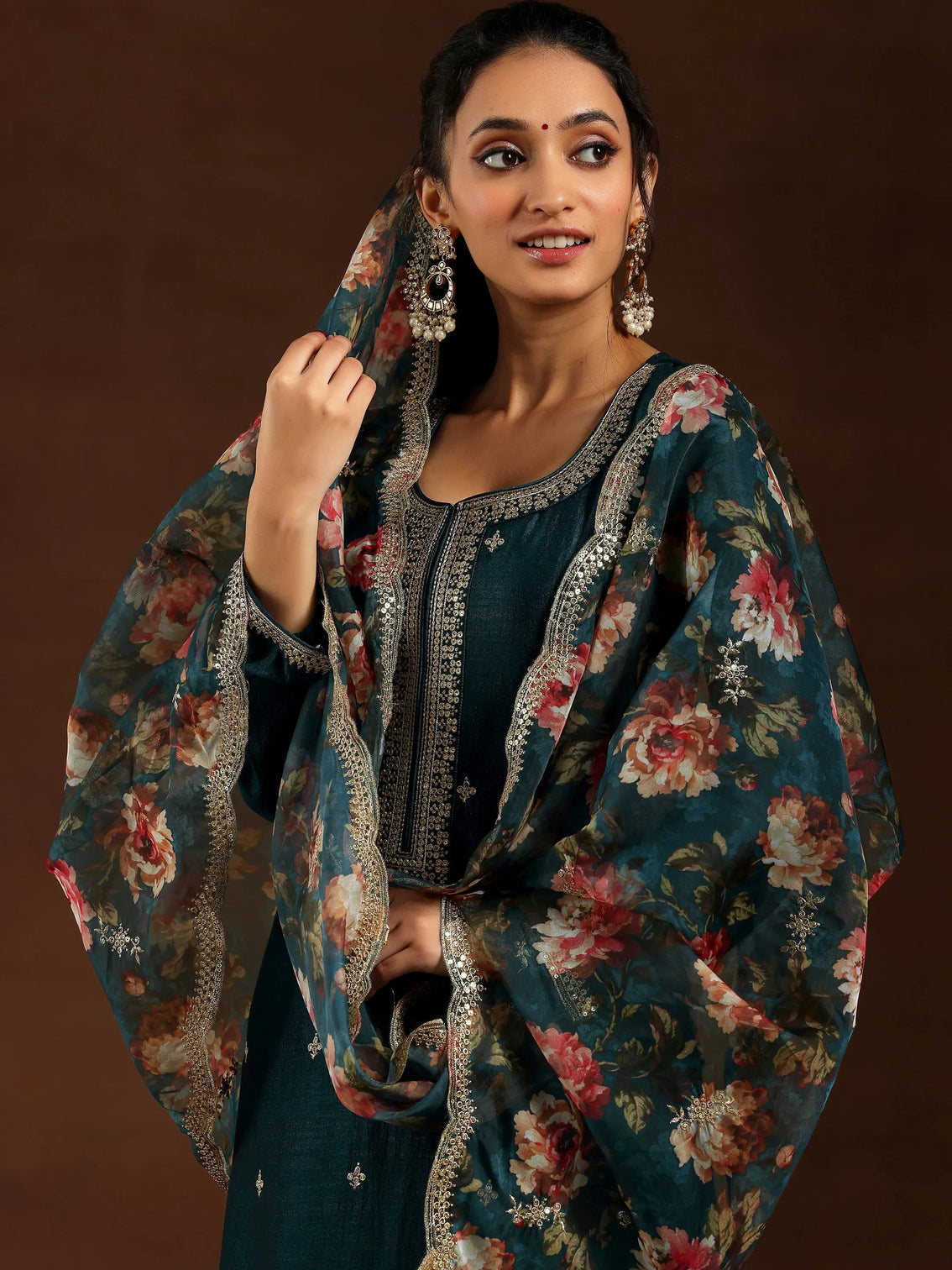 Mameraa Teal Embroidered Silk Blend Straight Suit With Dupatta
