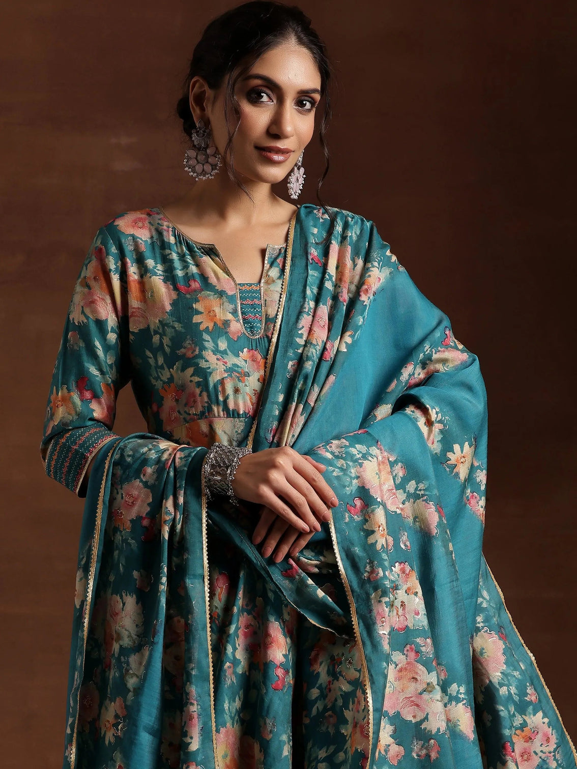 Mameraa Blue Printed Silk Blend Anarkali Suit With Dupatta