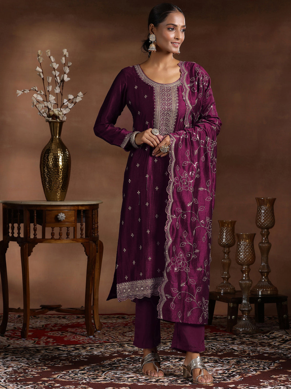Mameraa Wine Embroidered Silk Blend Straight Suit With Dupatta