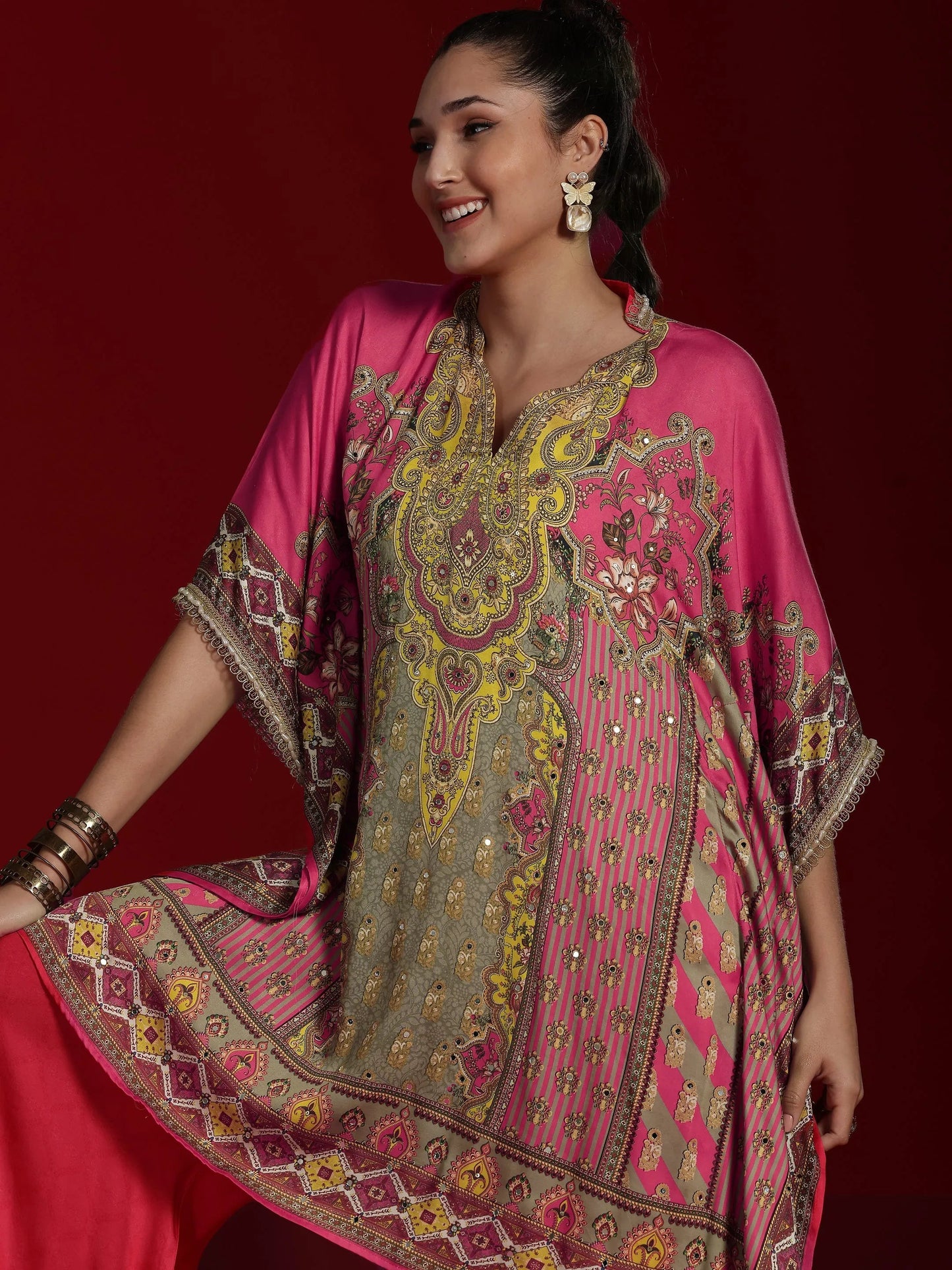 Libas Art Coral Printed Silk Blend Kaftan Kurta With Palazzos