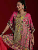Libas Art Coral Printed Silk Blend Kaftan Kurta With Palazzos