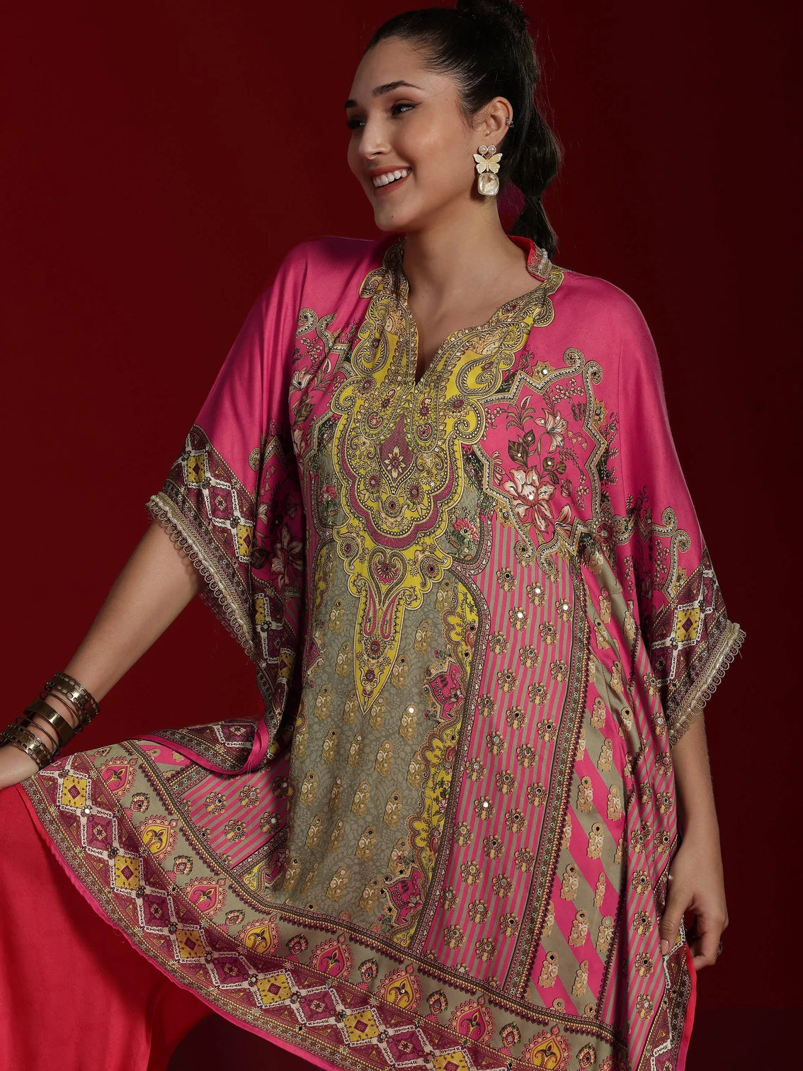 Mameraa Art Coral Printed Silk Blend Kaftan Kurta With Palazzos