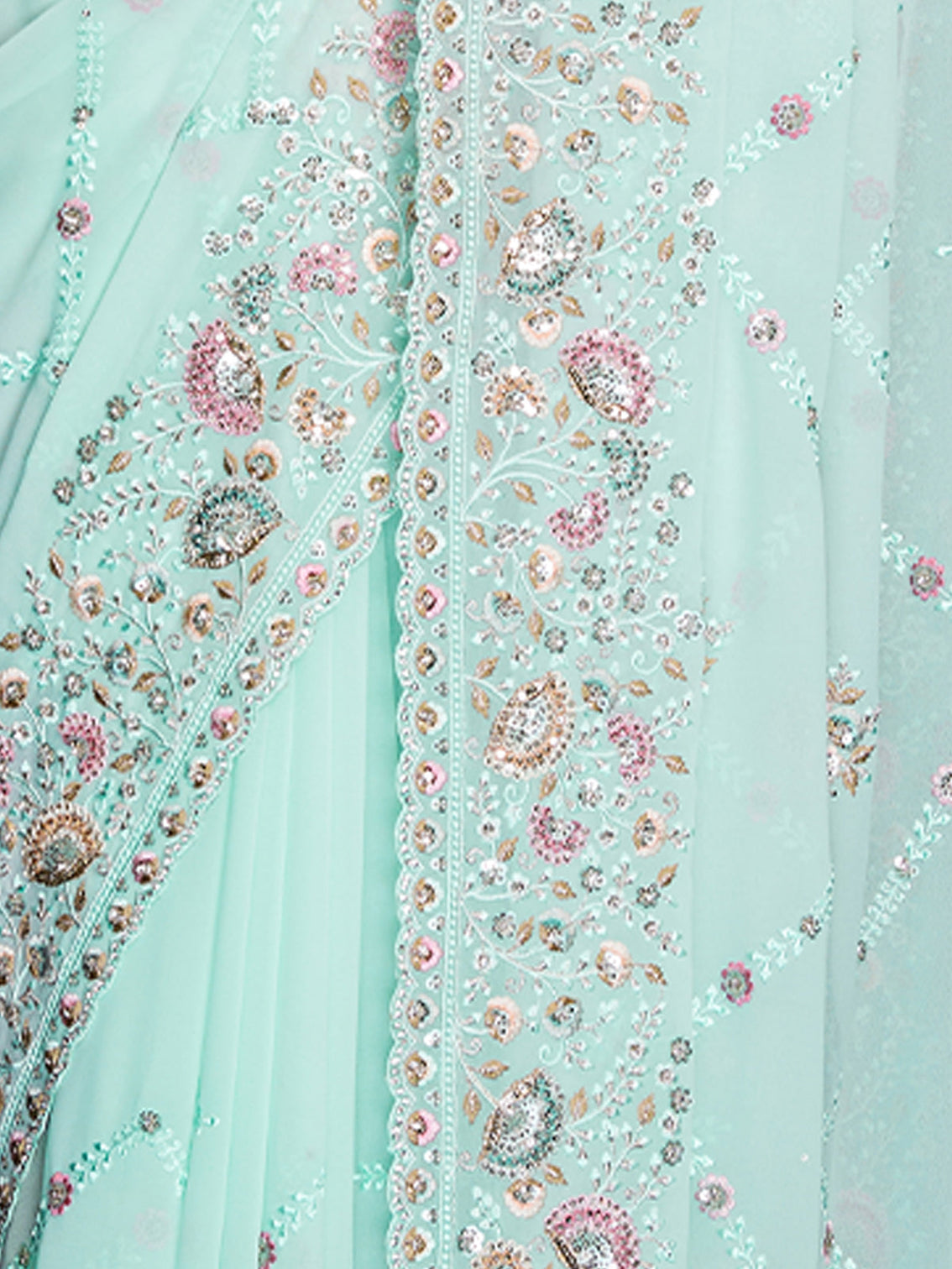 Blue Georgette Embroidered Saree With Unstitched Blouse