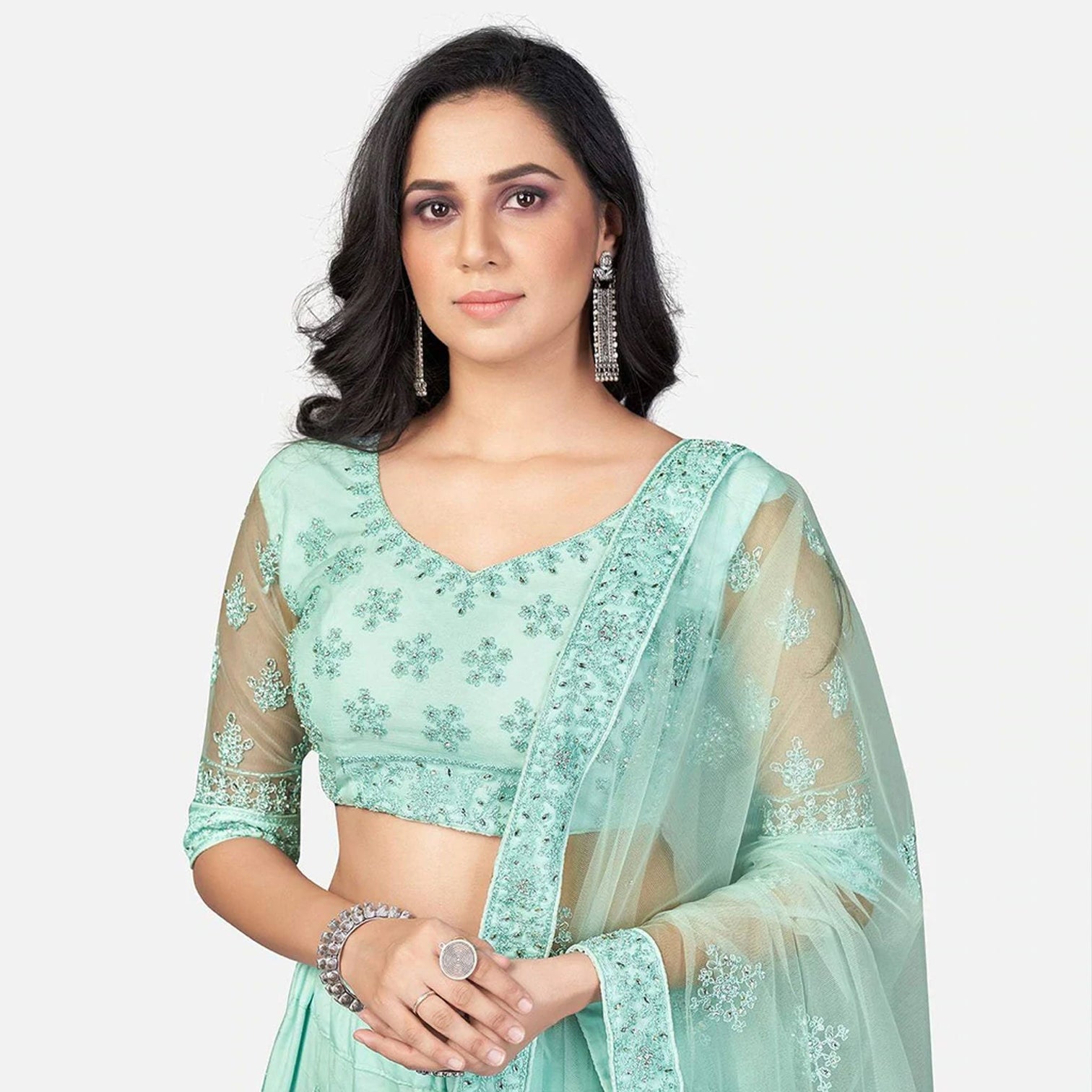 Summer Green Soft Net Embroidery and Zaken Work Lehenga choli