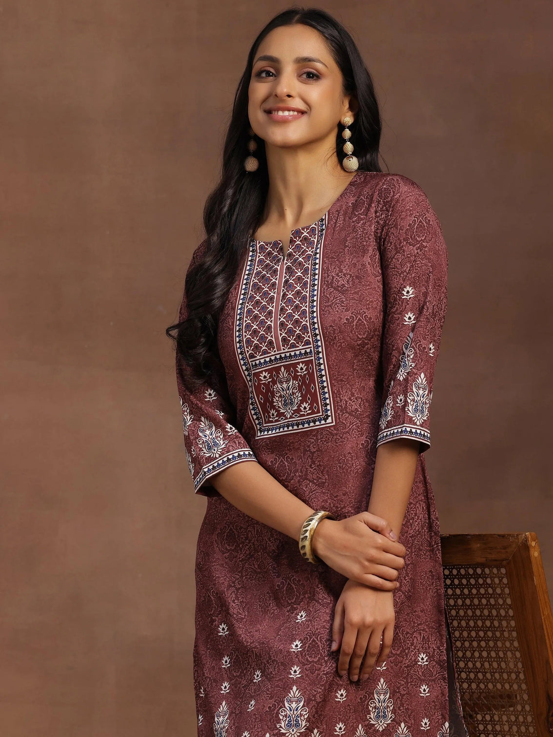 Mameraa Brown Printed Poly Crepe Straight Kurta With Trousers