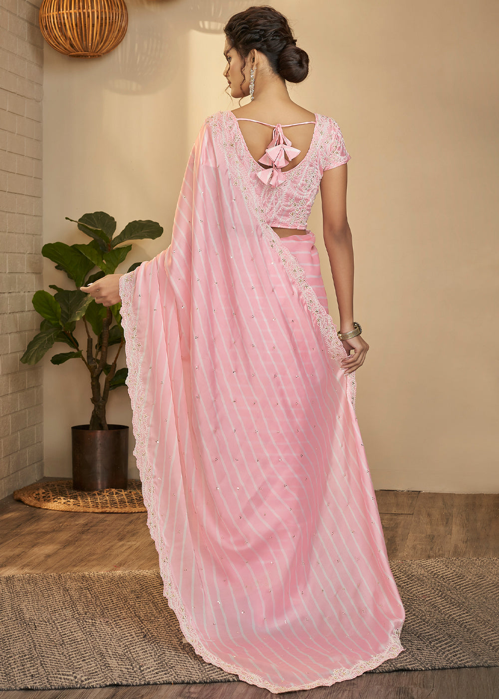 Baby Pink Woven Satin Silk Saree
