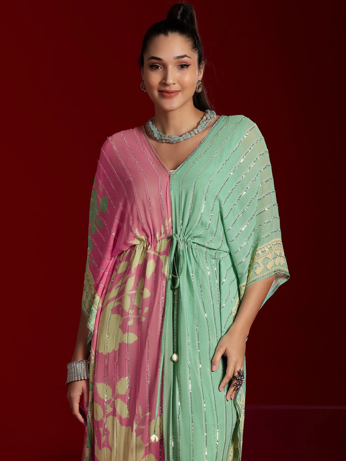 Mameraa Art Sea Green Printed Poly Georgette 3 Piece Co-Ords