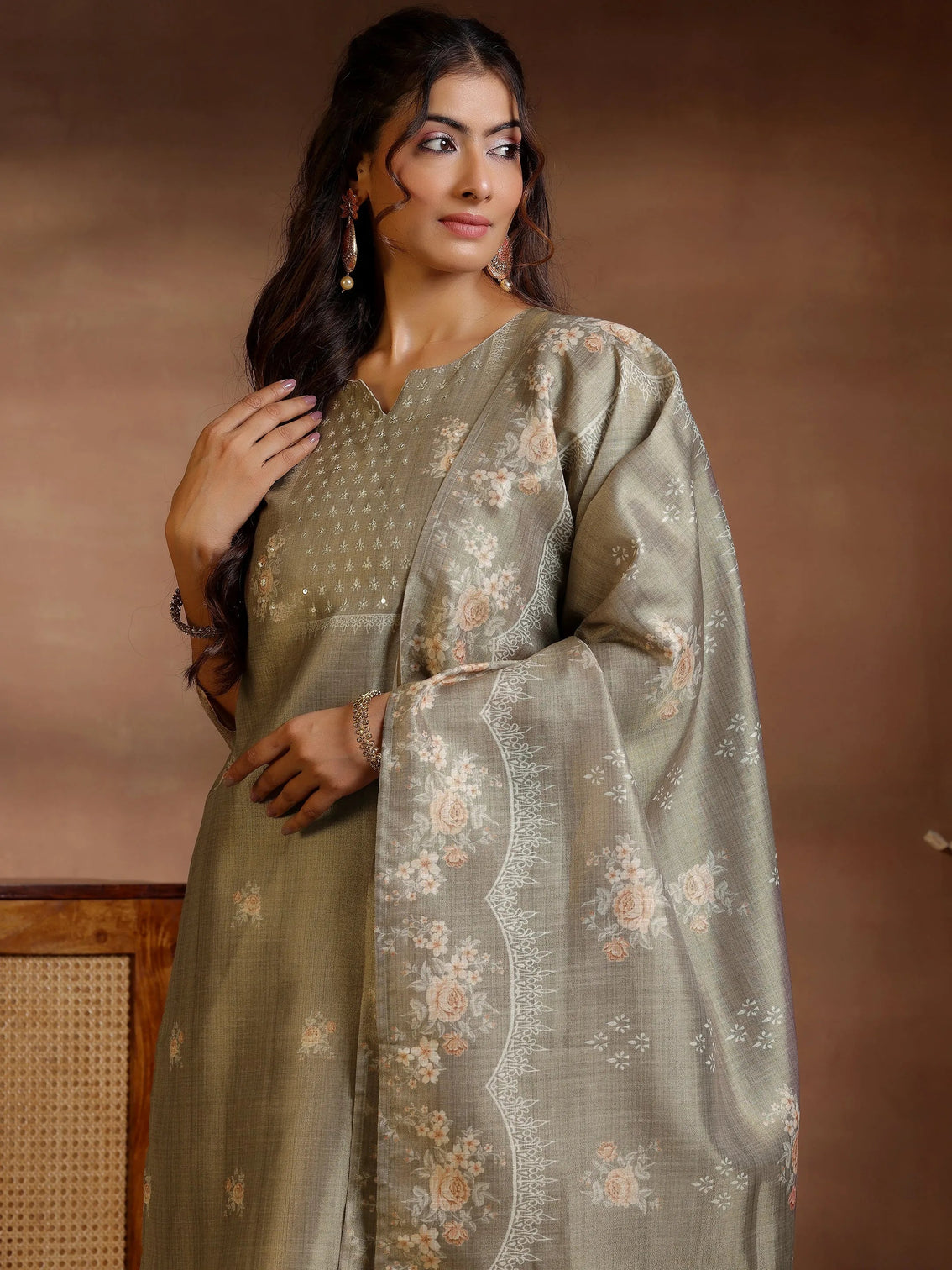 Mameraa Brown Printed Silk Straight Suit With Dupatta