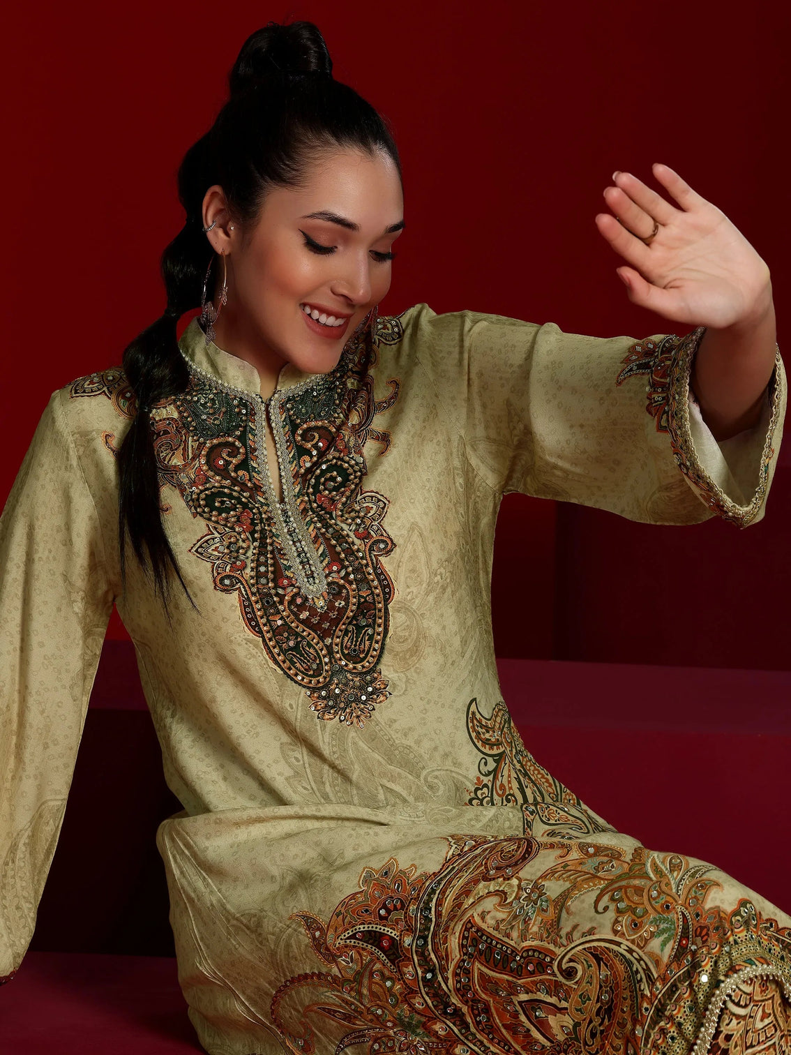 Mameraa Art Beige Printed Silk Blend Co-Ords