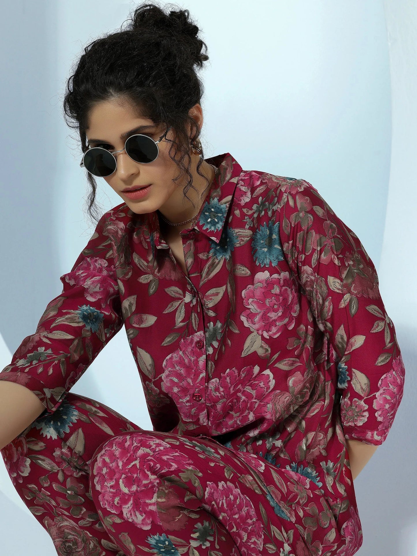 Libas Pink Printed Silk Blend Co-Ords