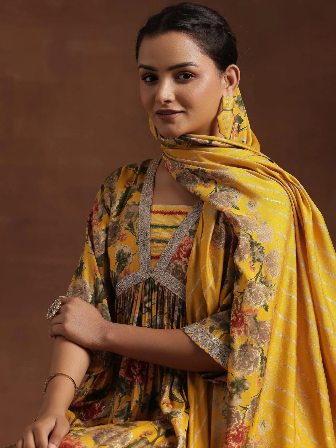 Mameraa Yellow Printed A-Line Kurta With Trousers & Dupatta
