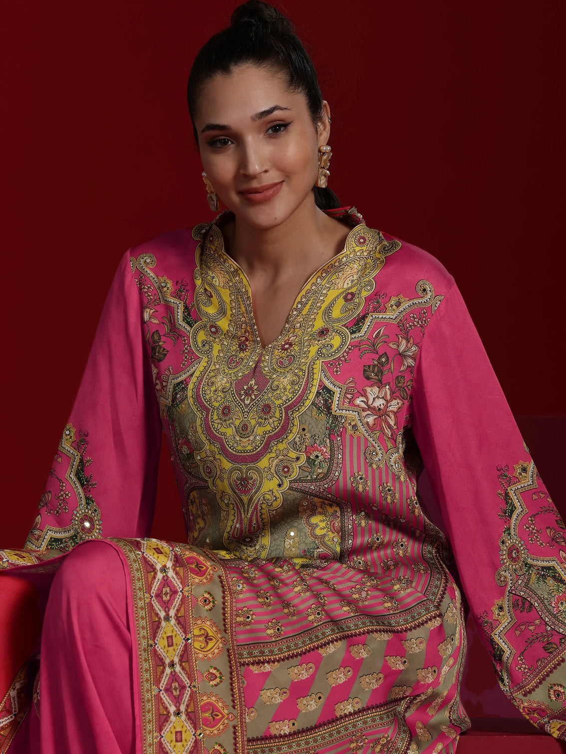 Mameraa Art Coral Printed Silk Blend Straight Kurta Dhoti Pants