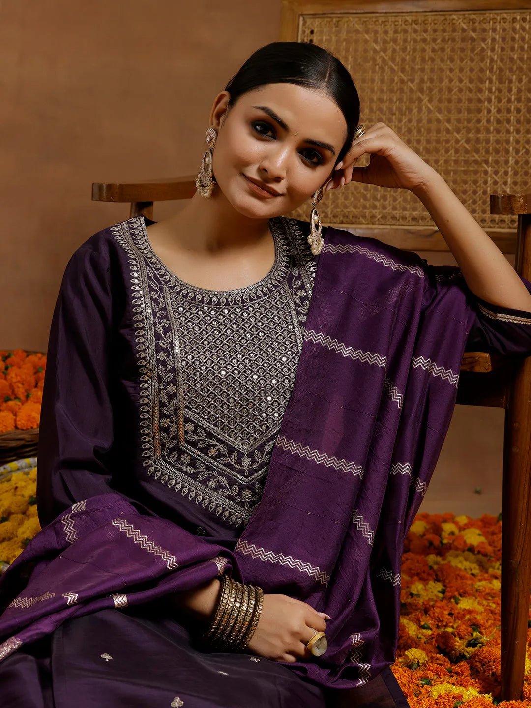 Gerua Purple Yoke Design Silk Blend Straight Suit With Dupatta