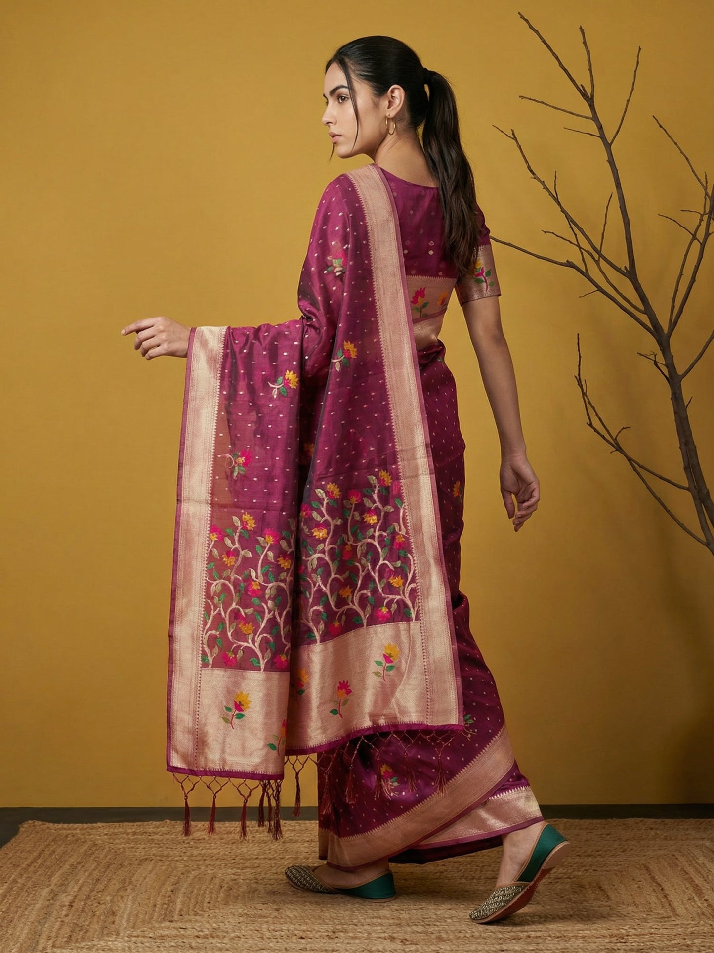 Soft Organza Meenakari Woven Saree with Jamdani Zari Pallu and Brocade Blouse Festive Wedding Party Wear Saree