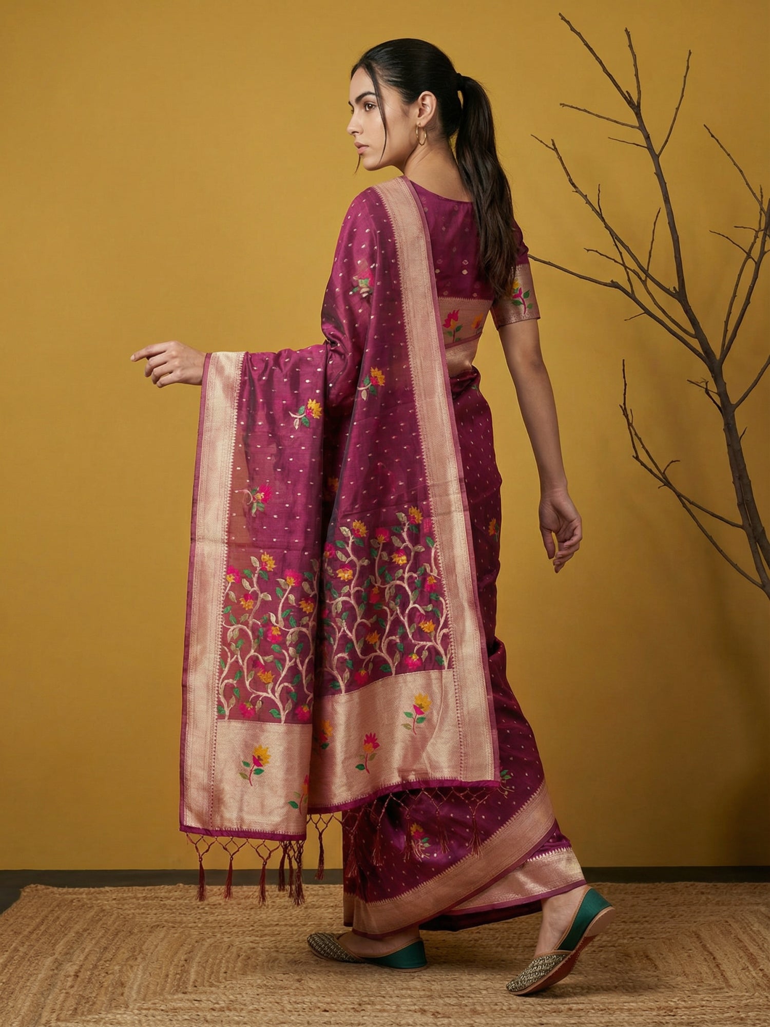 Soft Organza Meenakari Woven Saree with Jamdani Zari Pallu and Brocade Blouse Festive Wedding Party Wear Saree
