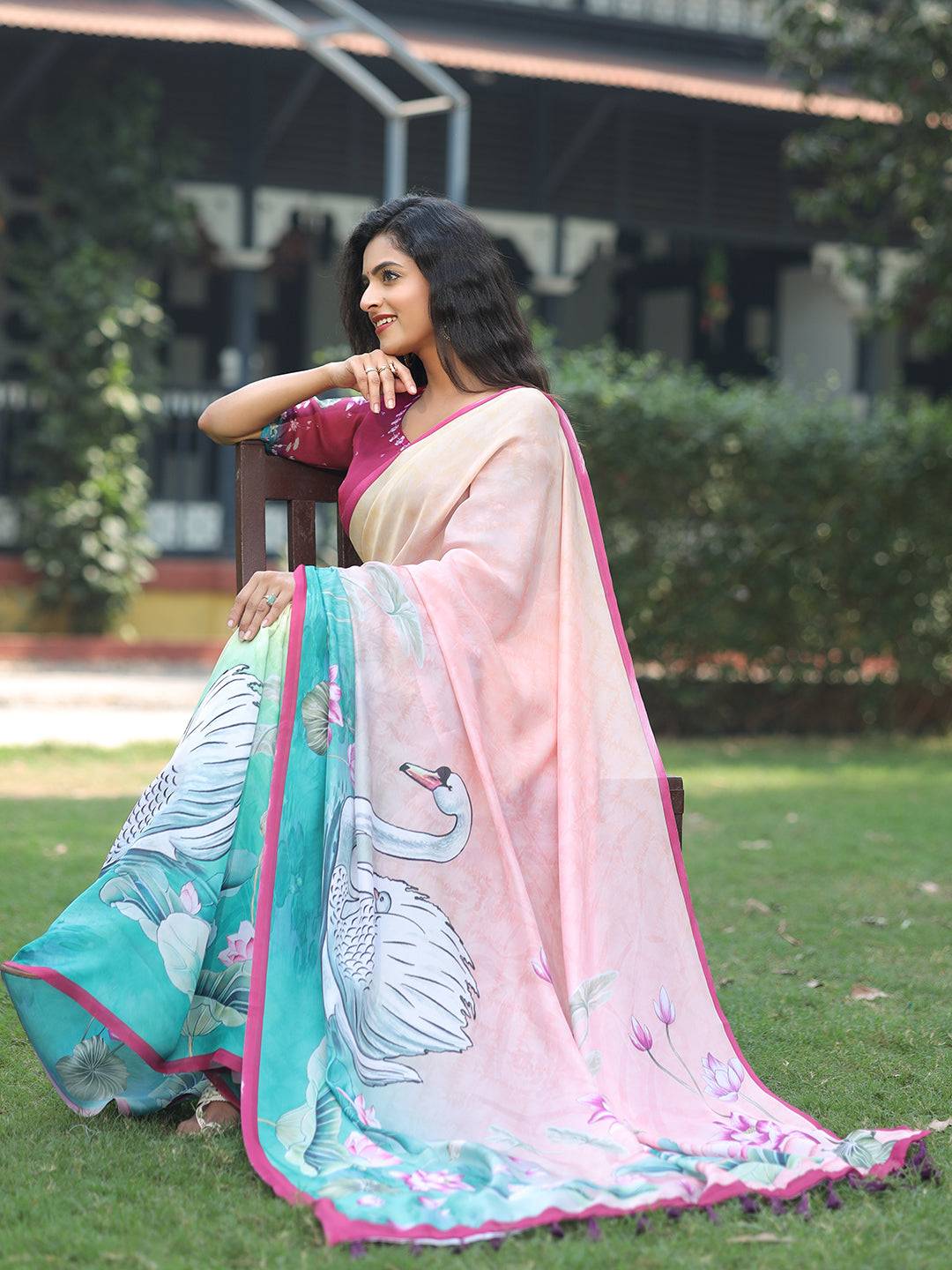 Satin Georgette Light Peach Colour Hand Print Saree - Luxe