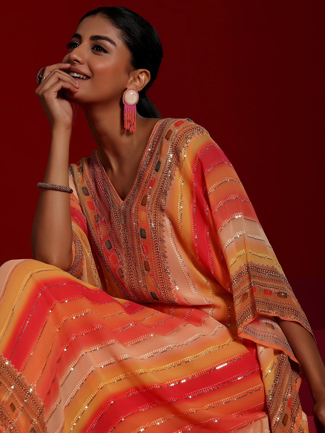 Mameraa Art Orange Printed Poly Georgette 3 Piece Co-Ords
