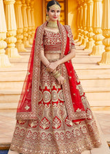 Crimson Red Velvet Bridal Lehenga Choli with Embroidery & Hand work