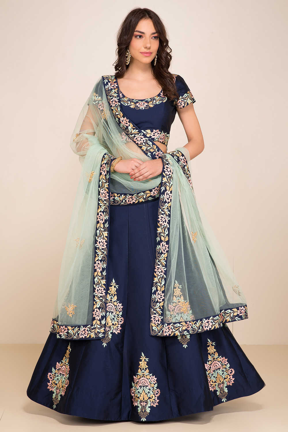 Navy Blue Designer Silk Lehenga with Embroidered Blouse