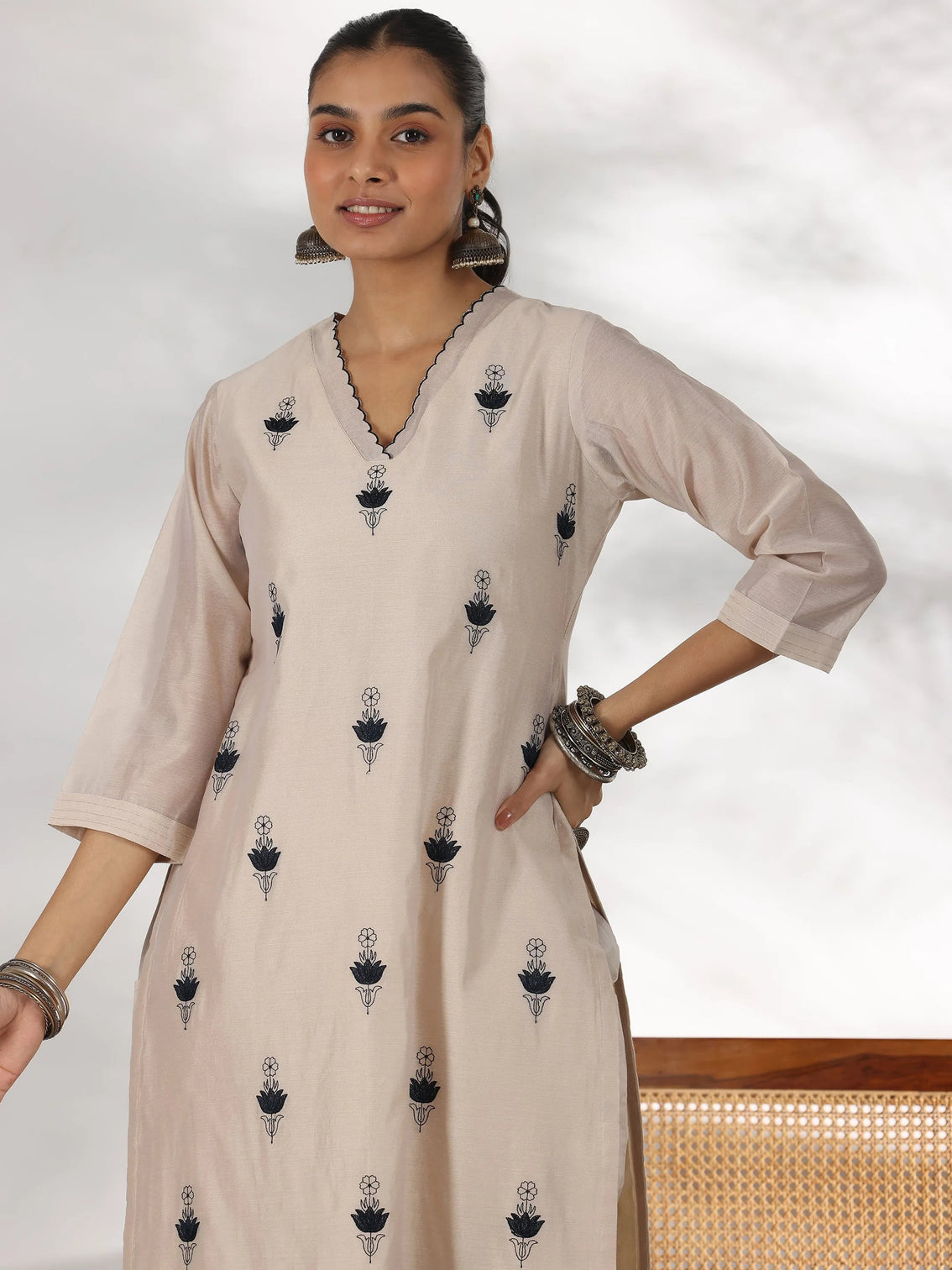Mameraa Beige Embroidered Chanderi Silk Straight Suit With Dupatta