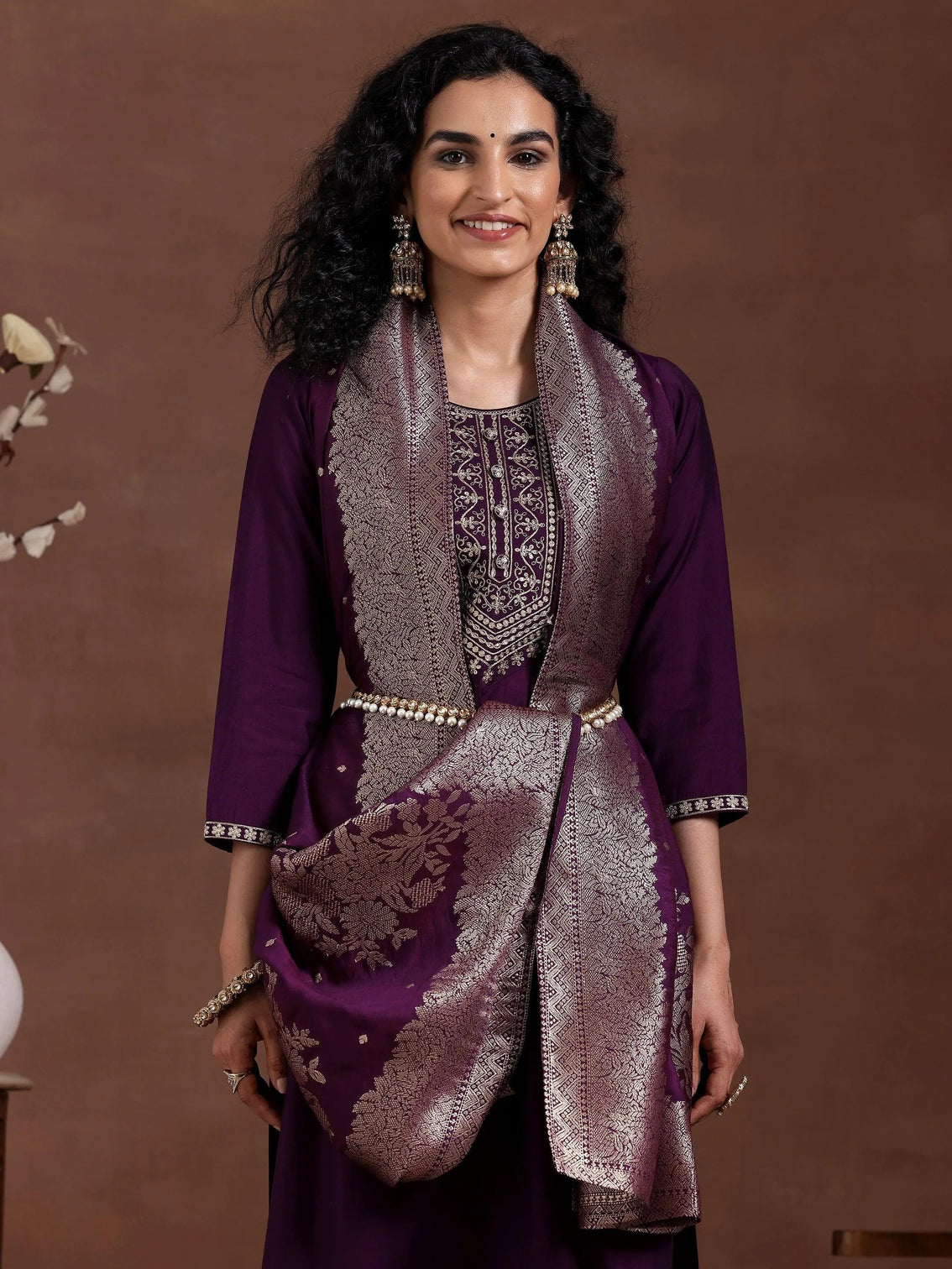 Mameraa Wine Yoke Design Silk Blend Straight Suit With Dupatta
