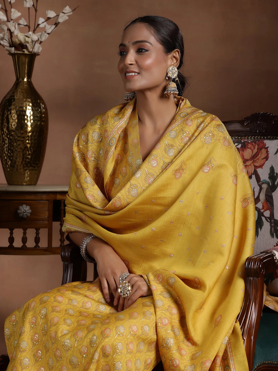 Mameraa Mustard Printed Silk Blend Straight Suit With Dupatta