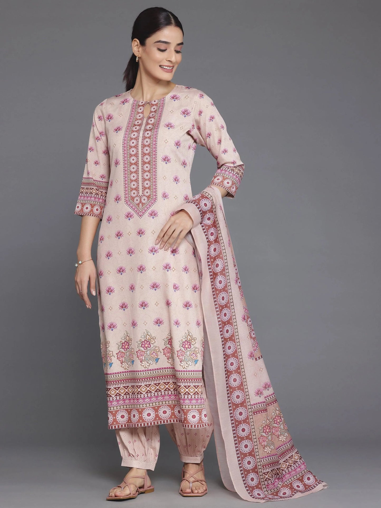 Libas Peach Printed Poly Crepe Straight Suit With Dupatta