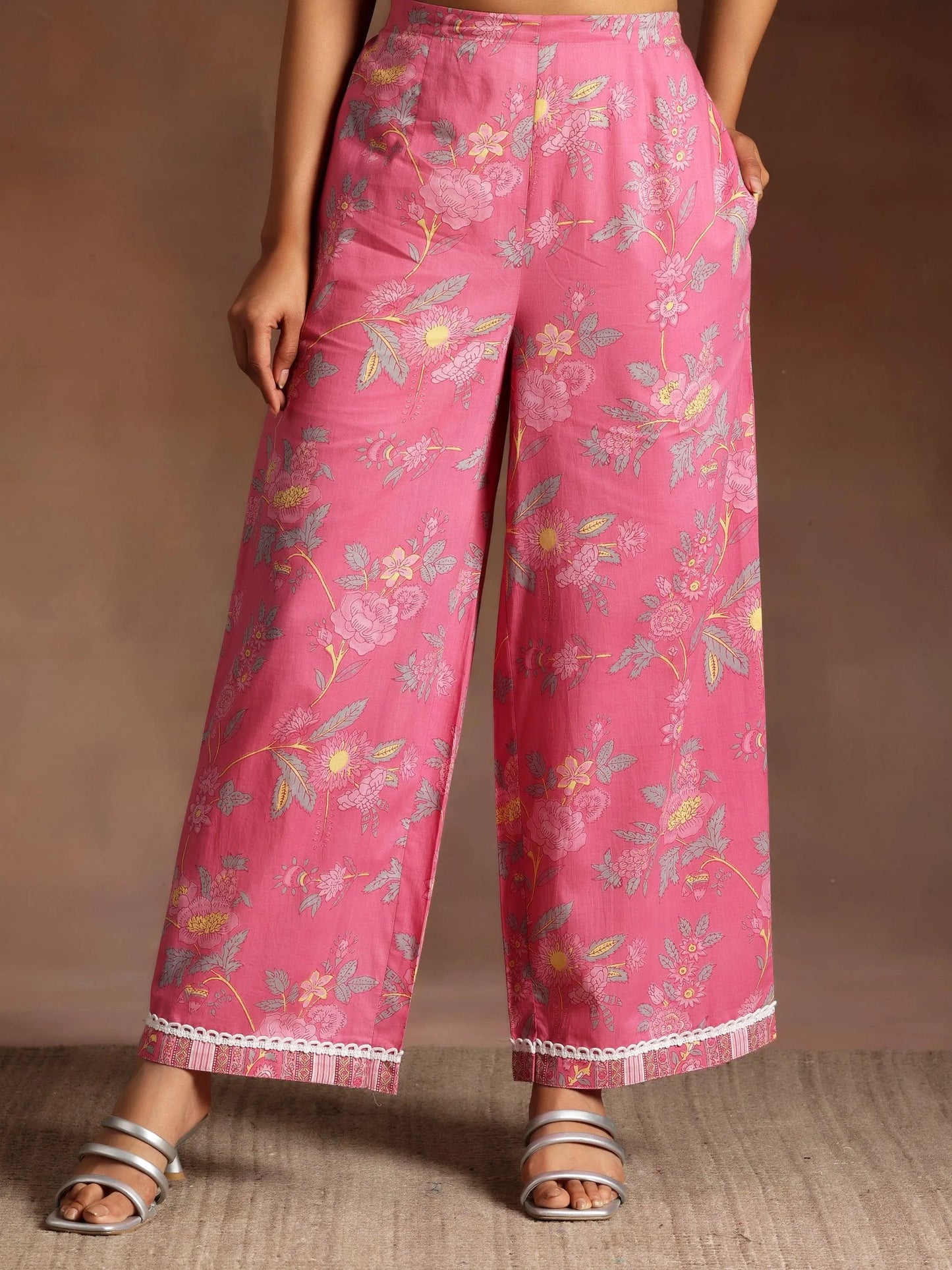 Libas Rukhsaar Pink Printed Cotton A-Line Kurta With Palazzos
