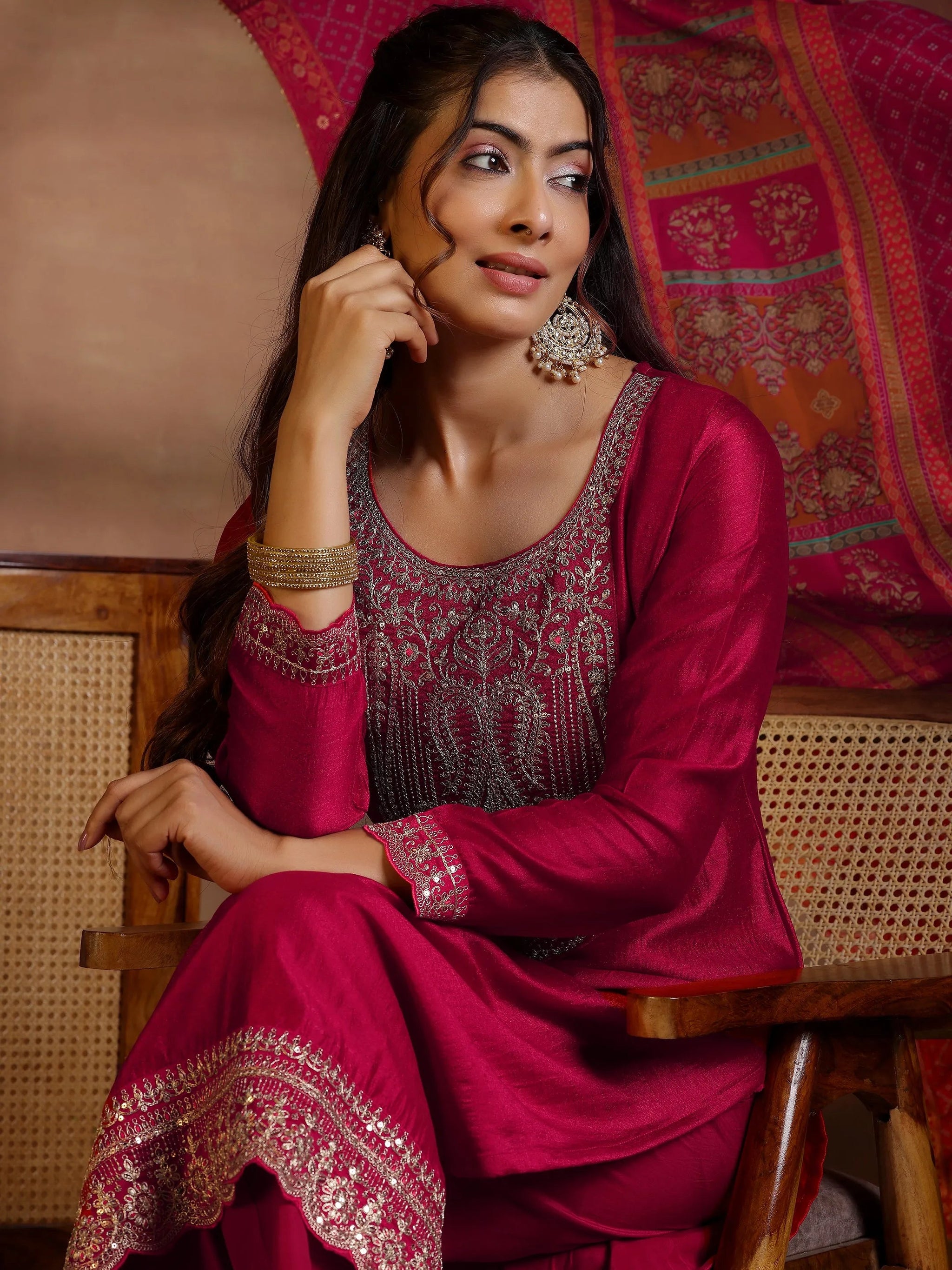 Libas Red Embroidered Silk Blend Straight Suits With Dupatta