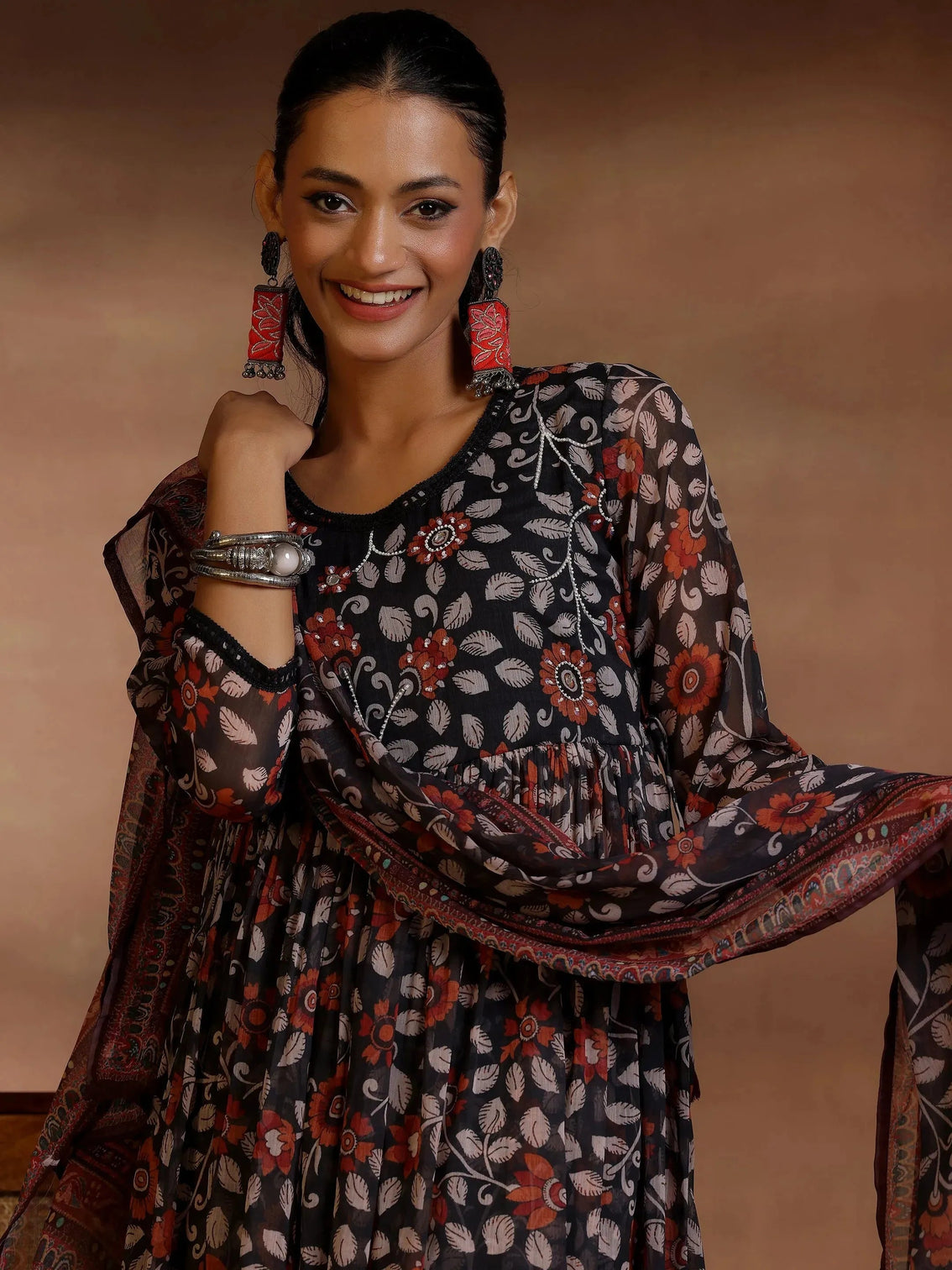 Mameraa Black Printed A-Line Kurta With Palazzos & Dupatta