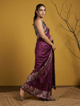 Soft Silk Printed Floral Saree with Rainbow Zari Woven Pallu and Contrast Blouse Festive Party Wear Saree