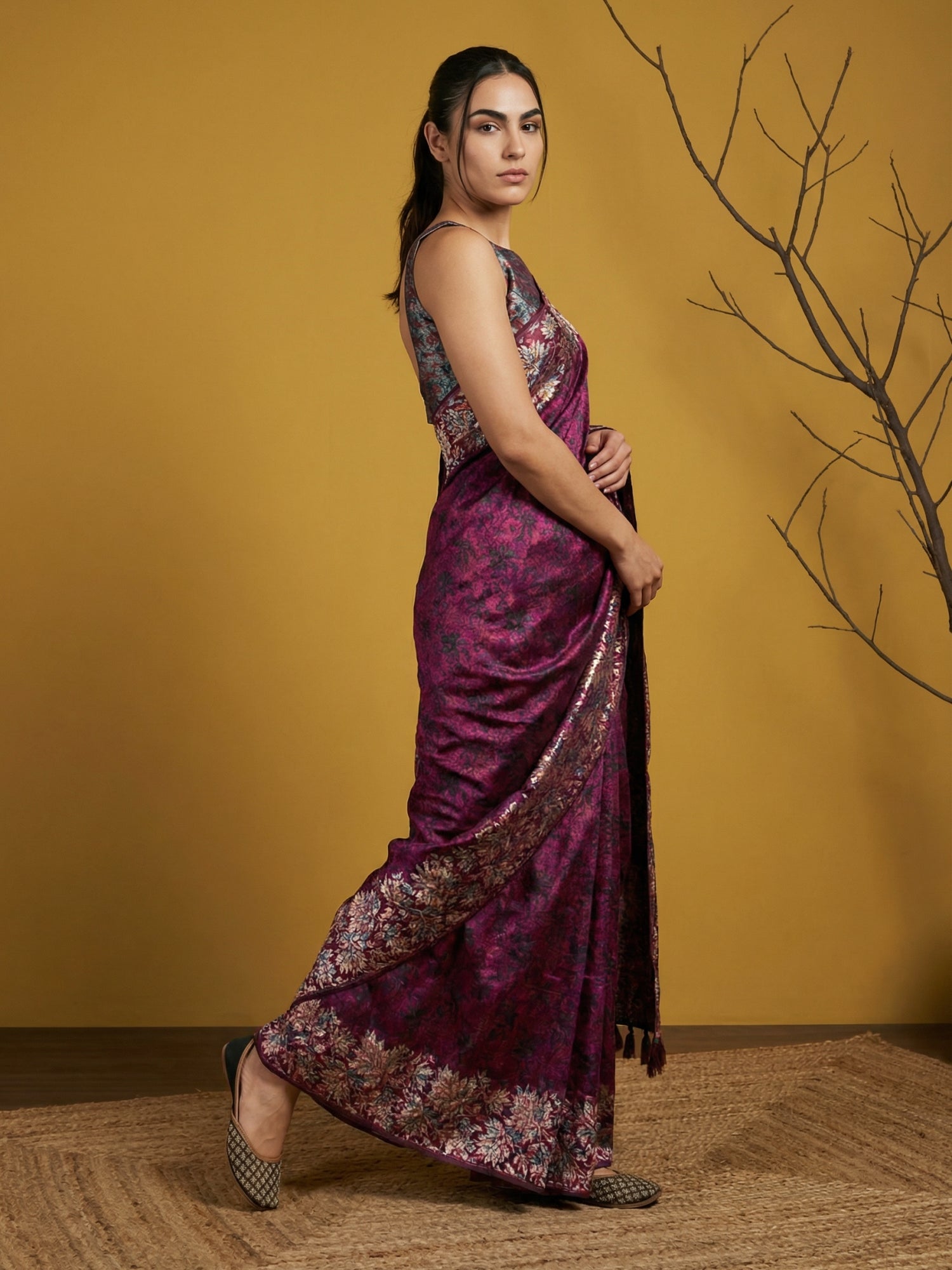Soft Silk Printed Floral Saree with Rainbow Zari Woven Pallu and Contrast Blouse Festive Party Wear Saree