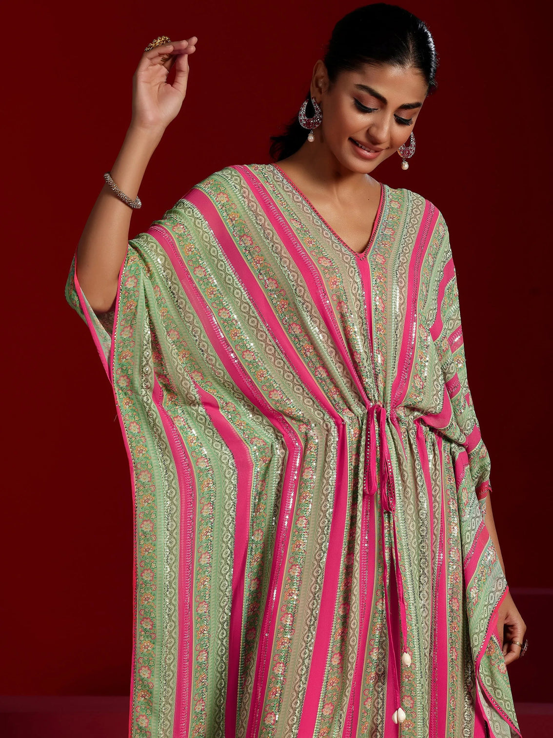 Mameraa Art Pink Printed Poly Georgette 3 Piece Co-Ords